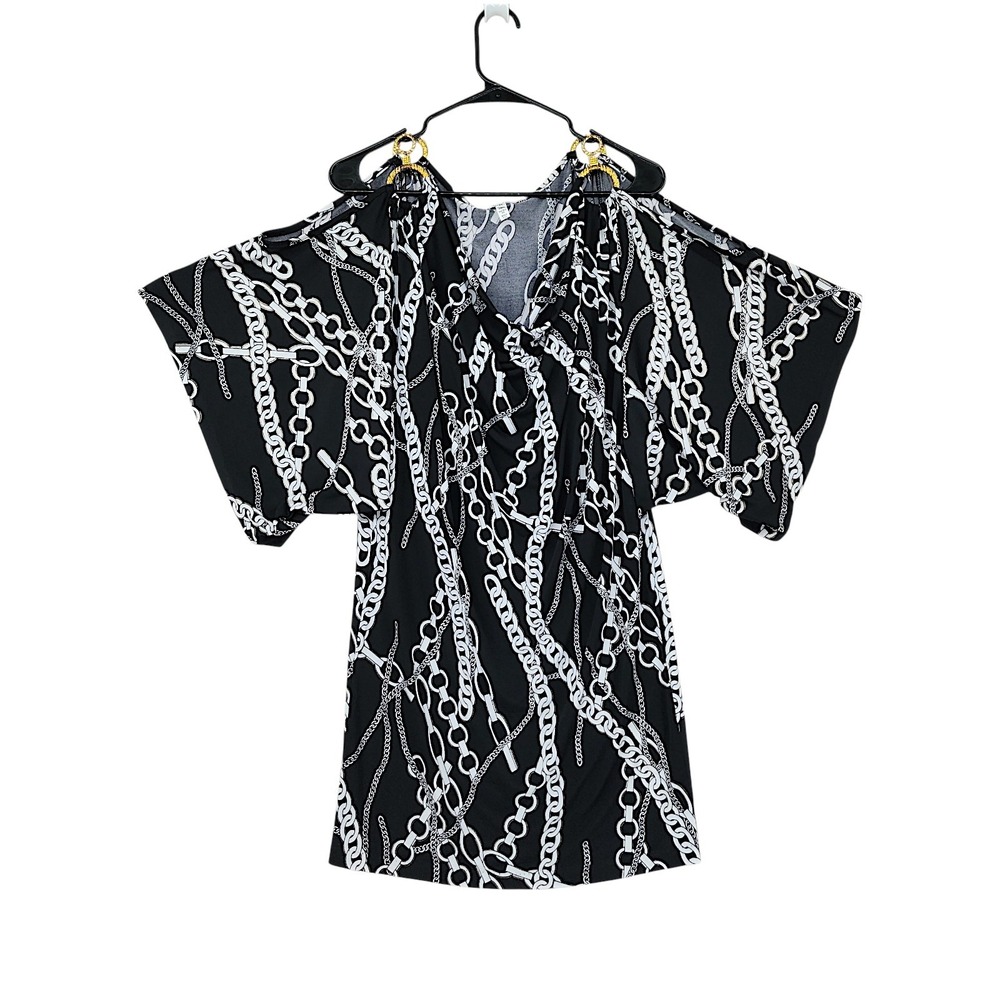 Vtg Cache Tunic Top M Wom Black White Cold Shoulder Gold Chains Glam Mobwife USA